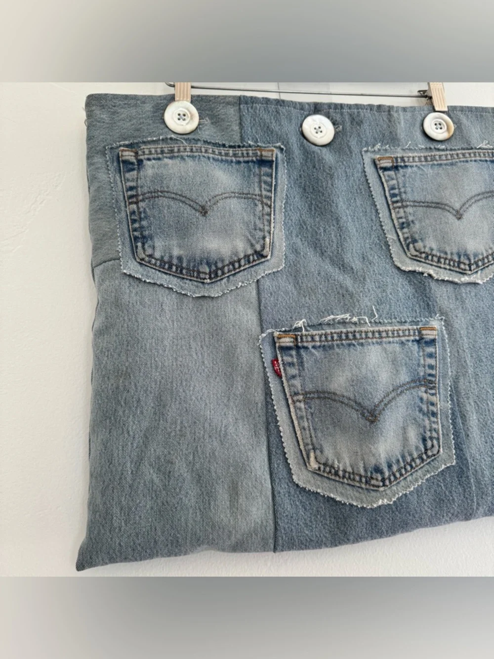Levi’s Upcycled Handmade Denim Pillow Cover Blue Pockets Quilted Americana 18x20